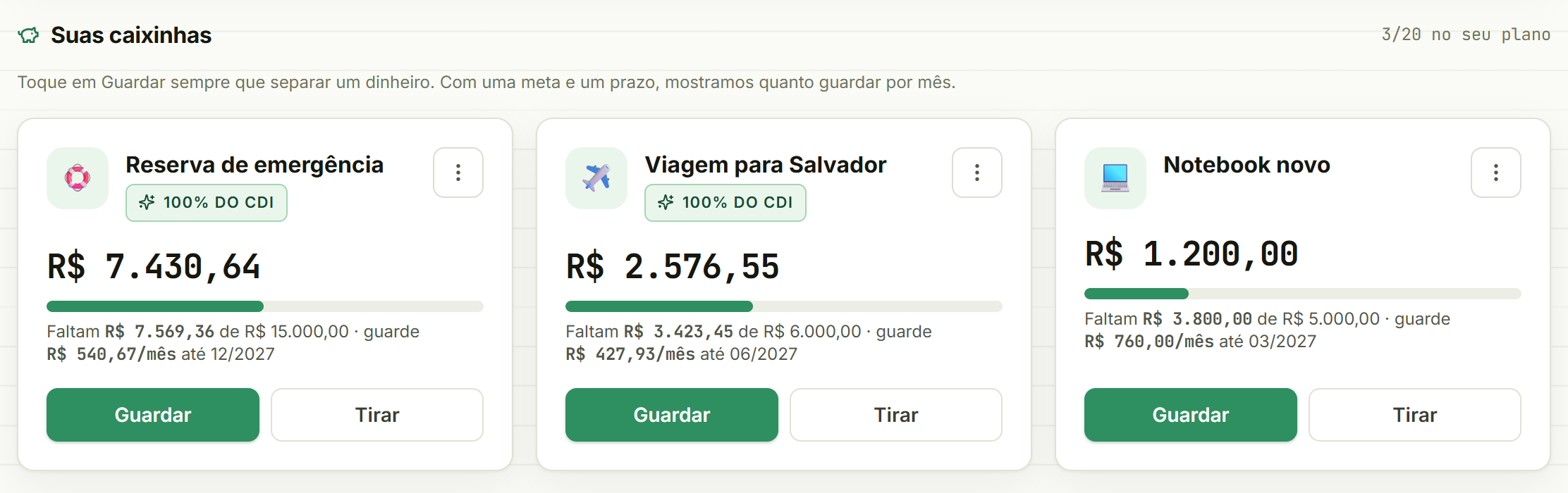 Cofrinho com três caixinhas: Reserva de emergência, Viagem para Salvador e Notebook novo, com metas, rendimento e quanto guardar por mês