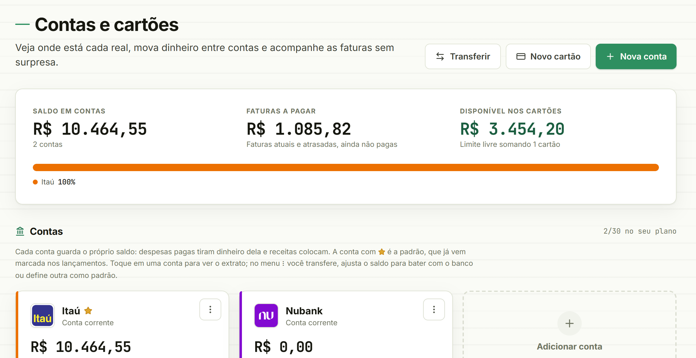 Contas e cartões: saldo em contas, faturas a pagar e limite livre nos cartões