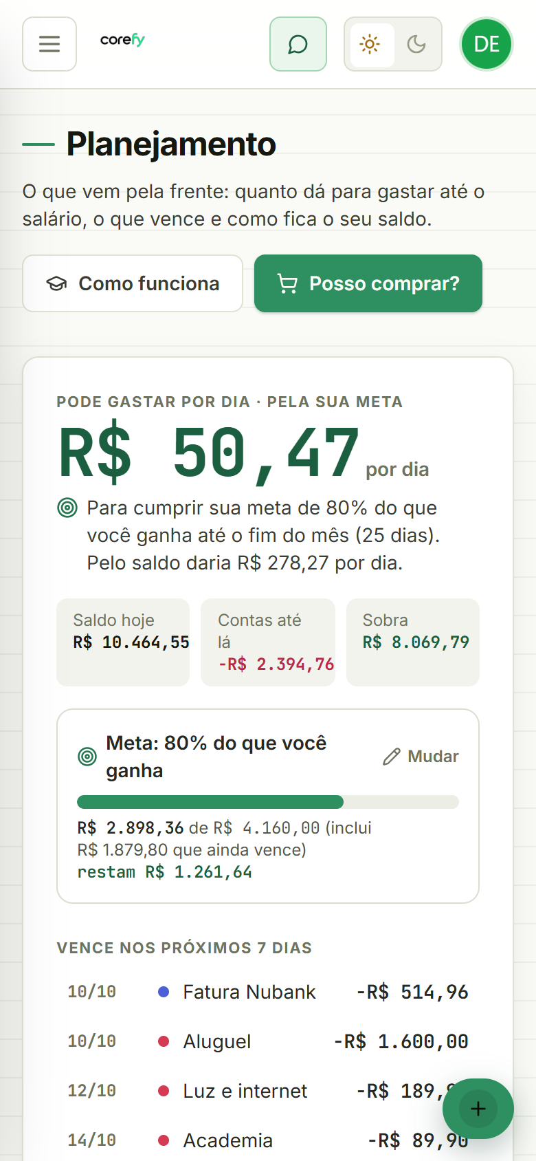 Corefy no celular: pode gastar R$ 50,47 por dia